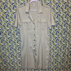Vintage 80s Button-Down Beige Macshore Classics Shirt Dress With Shoulder Pads